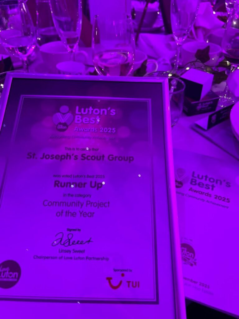 The Luton's Best Awards 2025 certificate naming St Joseph's Scout Group runner-up for Community Project of the Year